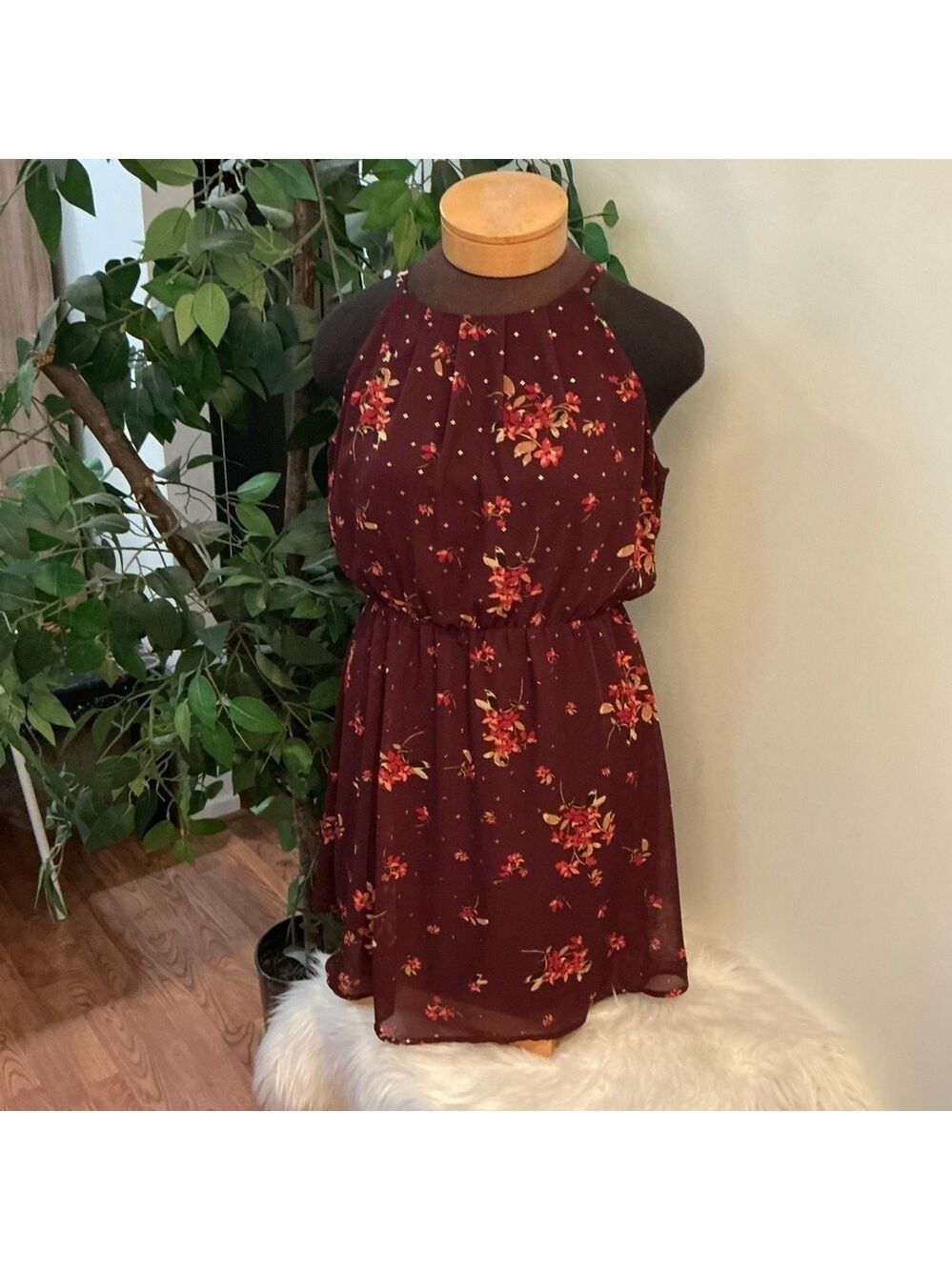 Women's Maurices Burgundy Floral Halter Dress Large
